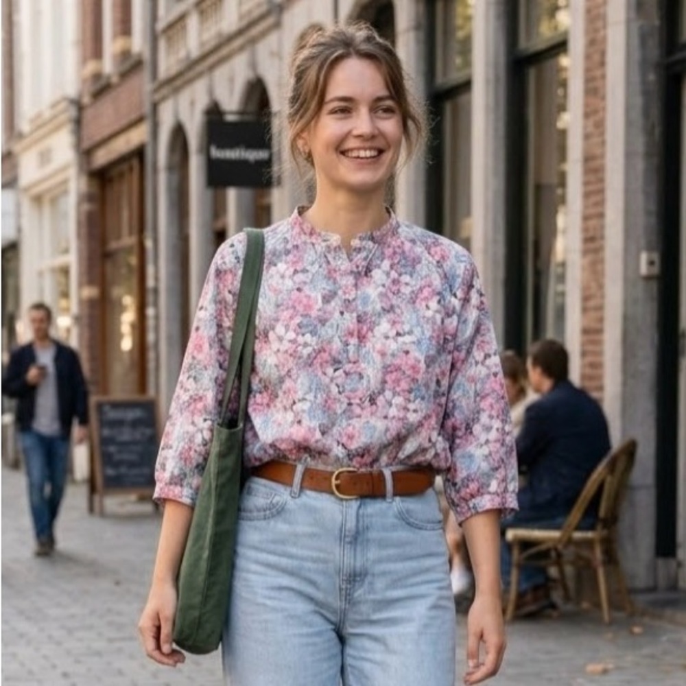 Vintage Pink Floral Button-Up Blouse